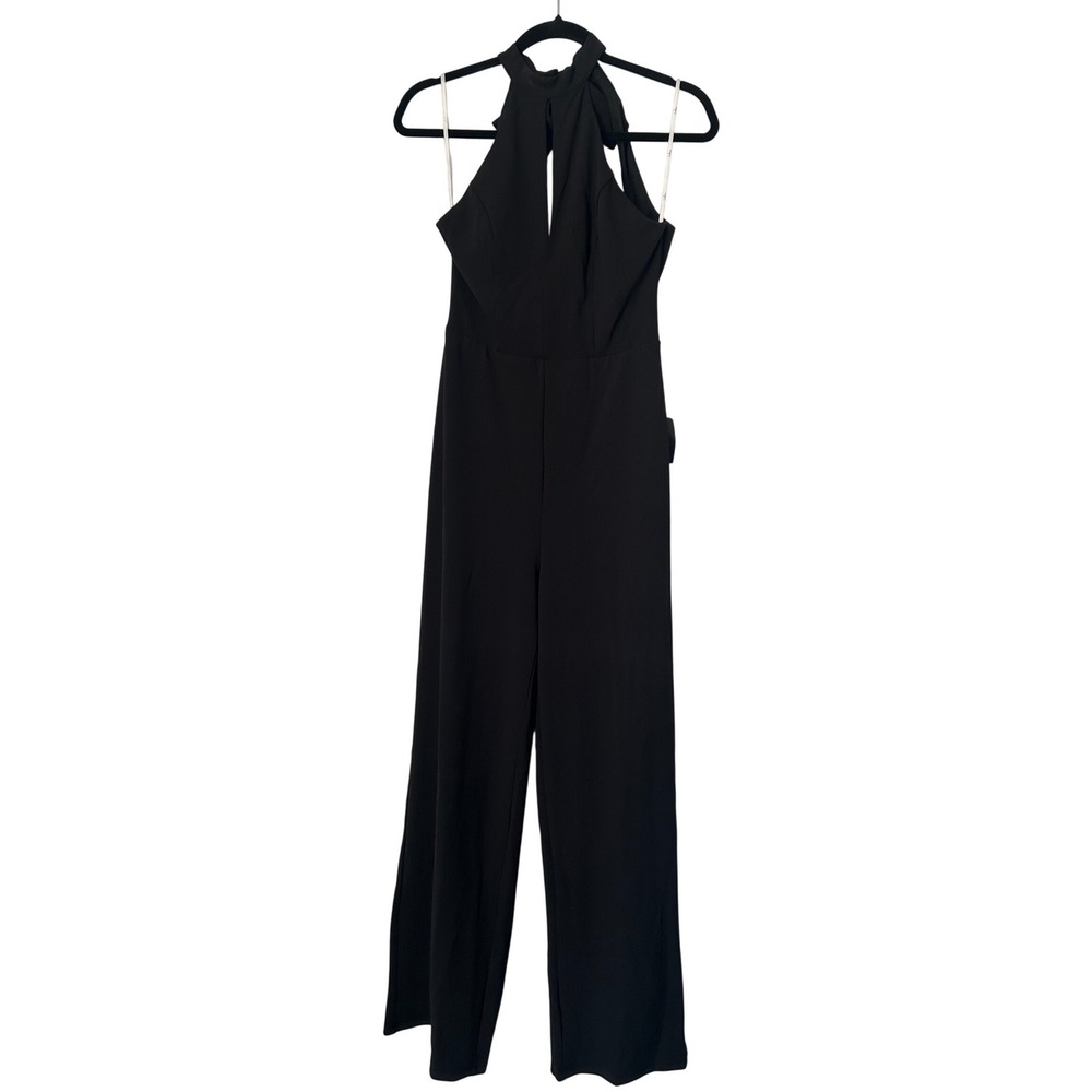 Lulus Jumpsuit Women Small Black Halter Bow Back Keyhole Wide Leg Evening Modern